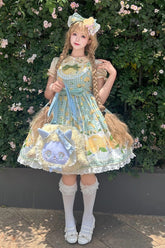 Robe Jsk Lolita douce en dentelle avec nœud à volants imprimé poulet citron vert